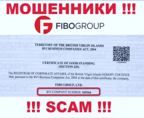 На веб-сайте обманщиков Фибо Групп показан этот регистрационный номер данной организации: 549364
