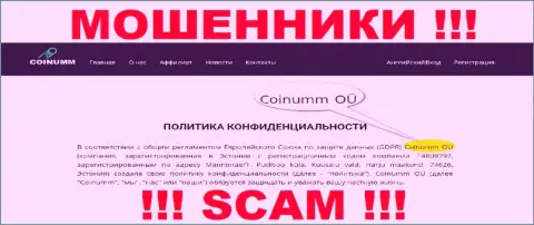 Юр лицо кидал Коинумм, информация с официального сайта жуликов