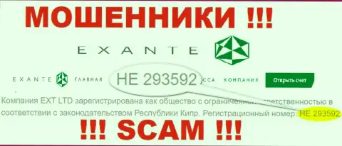 Номер регистрации internet мошенников Экзант Еу, с которыми совместно сотрудничать очень опасно: HE 293592