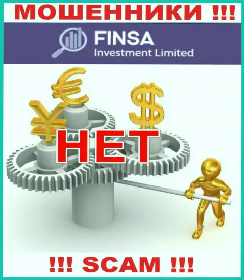 У организации FinsaInvestmentLimited Com не имеется регулятора, а следовательно ее незаконные уловки некому пресечь