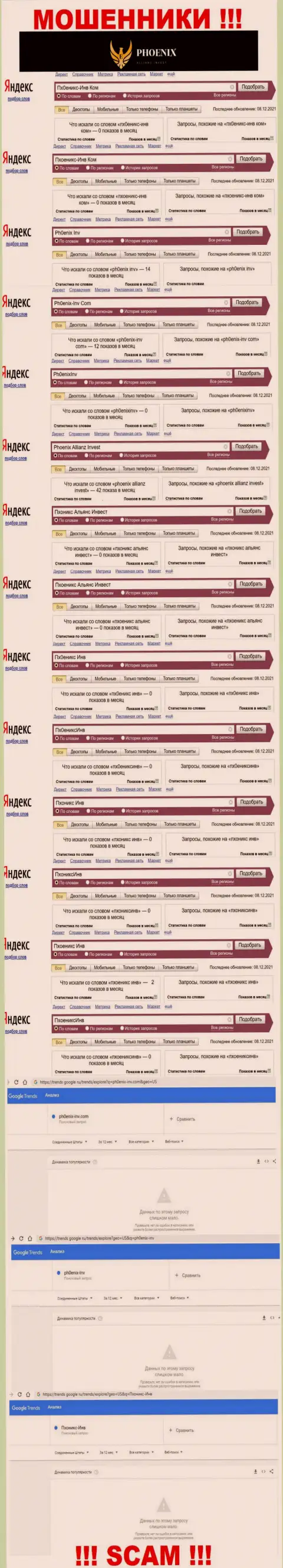 Скрин результатов поисковых запросов по неправомерно действующей организации Phoenix Allianz Invest