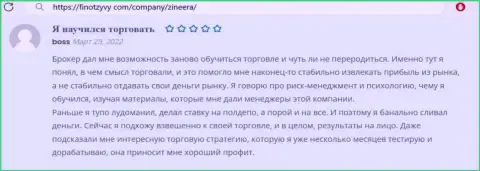 Хорошее мнение касательно сервиса организации Zinnera в отзыве биржевого игрока на веб-сайте FinOtzyvy Com